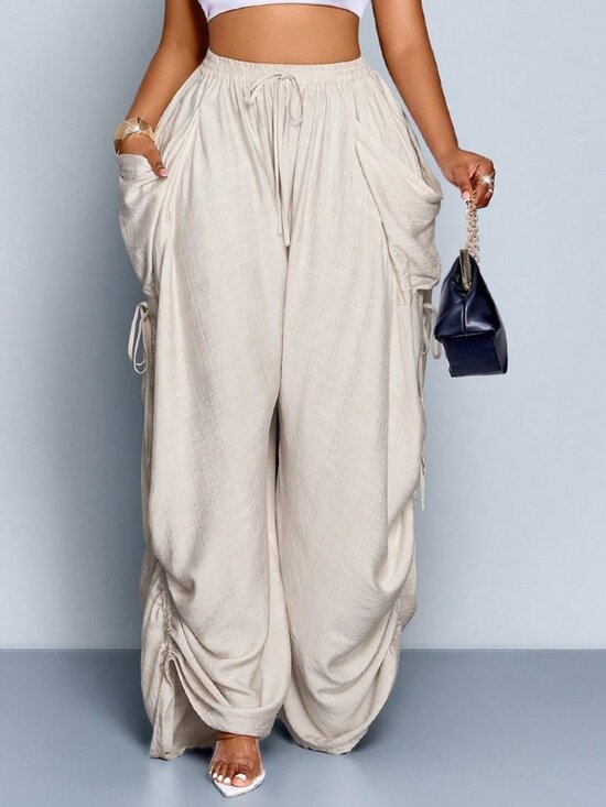 Pants - Apricot Casual Women's Vacation Drawstring Pants with Elastic Waist